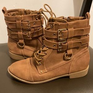 Tan Strappy Ankle Boots— Size 7